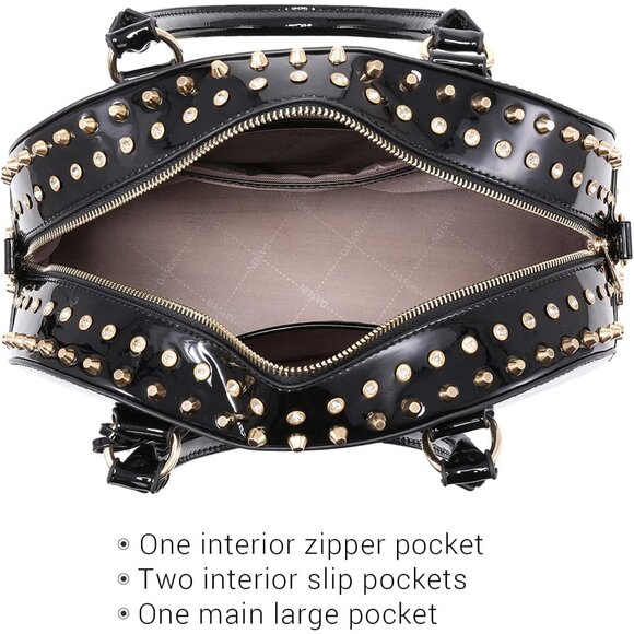 Women Patent Leather Dome Satchel Bag with Rhinestones and Studs Black 13.5W x 1 - Picture 2 of 5